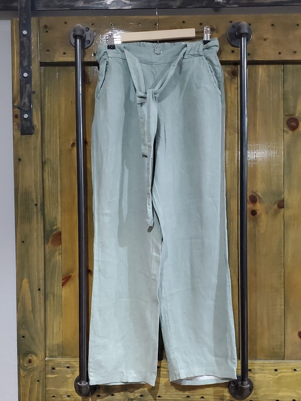 Anna Sage Green Tie-Waist Linen-Blend Pants Comfy Flowy Light Vacay Resort